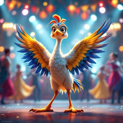 The primary subject of the image is a yellow and blue bird with a blue beak, standing on a stage with its wings spread wide. The bird appears to be the main focus of the scene. The setting is a stage with a backdrop of lights, creating a vibrant and lively atmosphere. The visual style of the image is a combination of photo and digital art, giving it a unique and eye-catching appearance. The colors and mood of the image are energetic and lively, with the bird's v